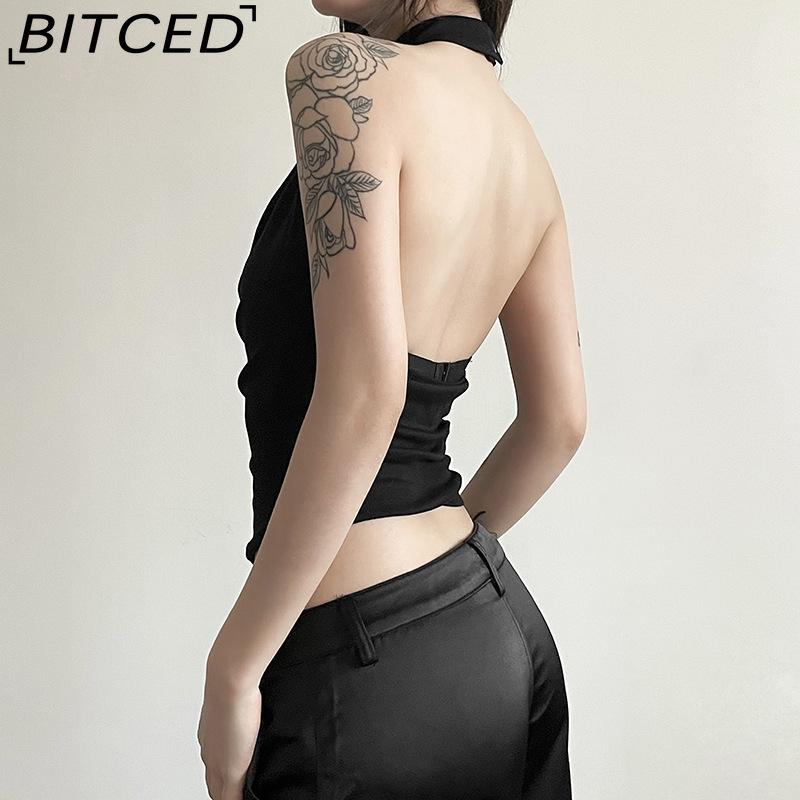 BITCED Summer Women's Solid-Colour Slim-Fit Streetwear Halter Neck Sexy Backless Tank Top