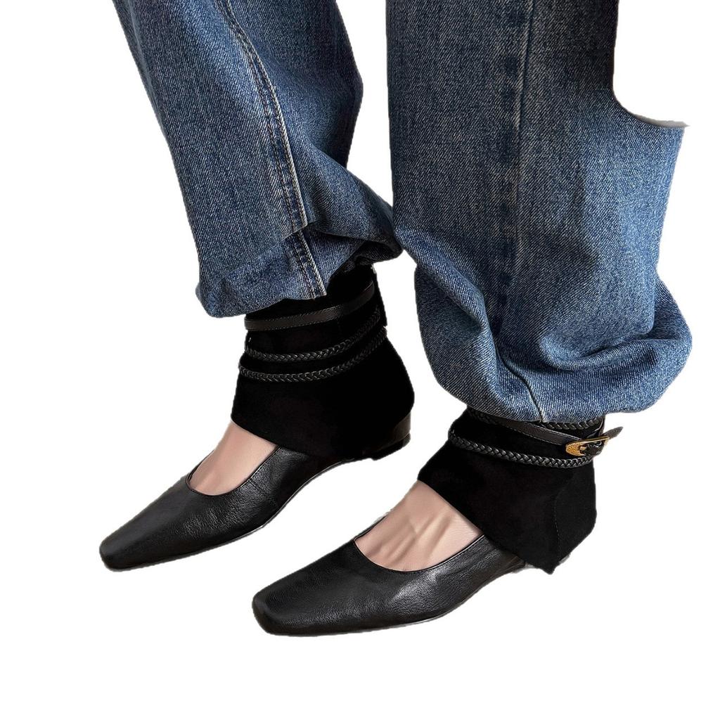 /Soft leather retro square head short boots woven webbing rear zipper middle heel Mary Jane hollow western boots women