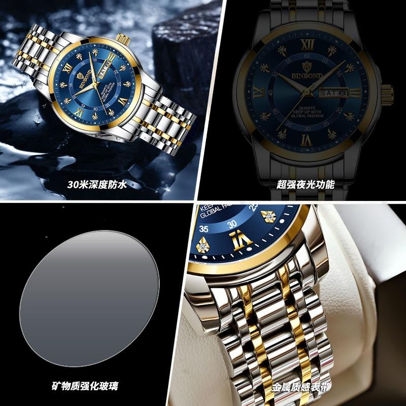 Binbang Quartz Movement Waterproof Luminous Business Fashion Double Calendar Diamond Steel Belt Butterfly Buckle Men's Watch
