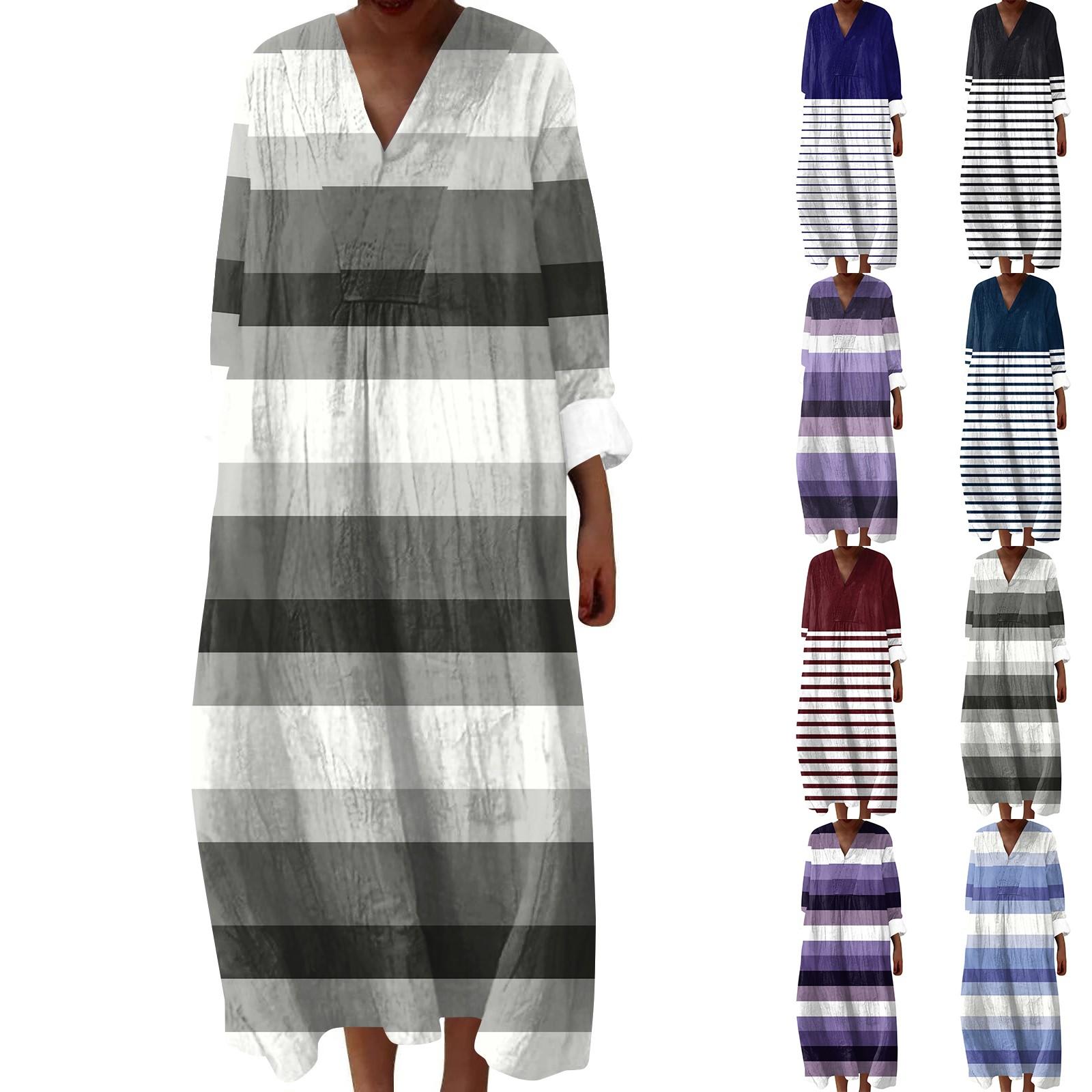 

Женское повседневное модное платье макси в полоску с V-образным вырезом и длинным рукавом L