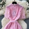 French Temperament Socialite Heavy Industry Bead Pocket Short-sleeved Dress Women's Waist Temperament Crochet Embroidered Mesh Dress