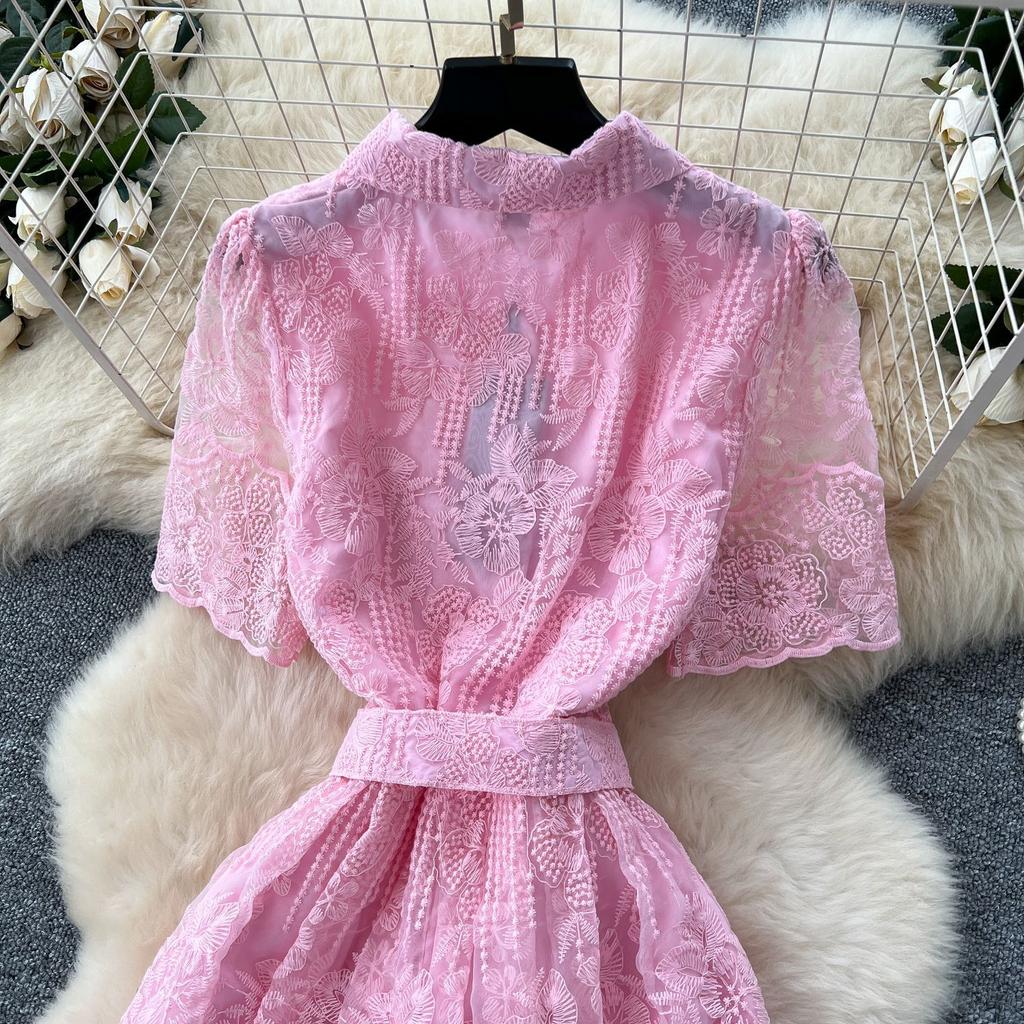 French Temperament Socialite Heavy Industry Bead Pocket Short-sleeved Dress Women's Waist Temperament Crochet Embroidered Mesh Dress