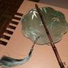 Folding Fan with Ancient Style Print, Waist Fan, Hanfu Round Fan, Chinese Style Long Handle with Tassels, Can Be Curled, Classical Waist-Hanging Fan