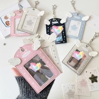INS Sweet Aesthetic Kpop Photocard Holder for Girls Wings Keychain Schoolbag Charm Kawaii Displaying Photo Card Cover Case