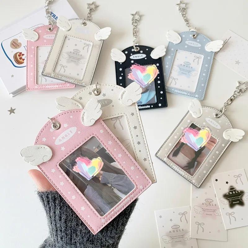 INS Sweet Aesthetic Kpop Photocard Holder for Girls Wings Keychain Schoolbag Charm Kawaii Displaying Photo Card Cover Case