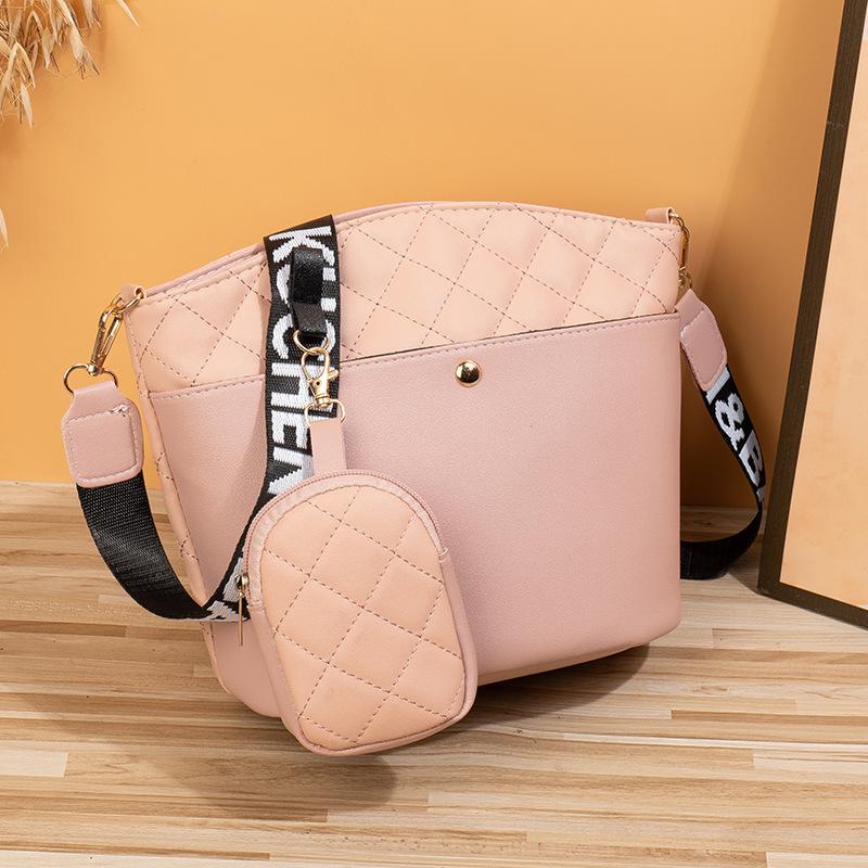Rhombus Embroidered Shoulder Crossbody Bucket Bag Trendy Versatile Belt Small Round Bag Large Capacity Women's Bag