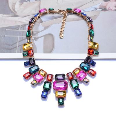 Luxury Exaggerated Geometric Large Gem Necklace, Luxury Court Temperament Glass Colored Diamond Clothing Accessories
