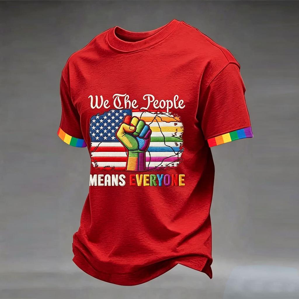 Short Sleeve Crew Neck T Shirt with Graphic Print United States Flag Raised Fist Lettering Design Casual Fit Unisex Top