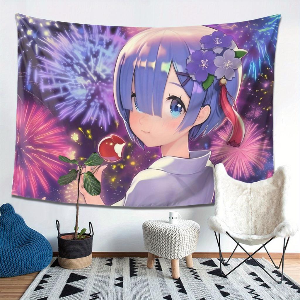 Anime Girl Fireworks Tapestry Celebrate holiday moments with vibrant artworks Perfect for bedroom and living room decoration