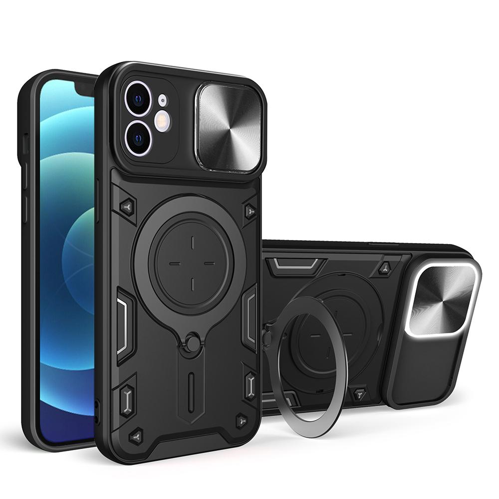 For iPhone 12 6.1 inch Slide Camera Lid Phone Case Rotatable Kickstand PC+TPU Shockproof Cover