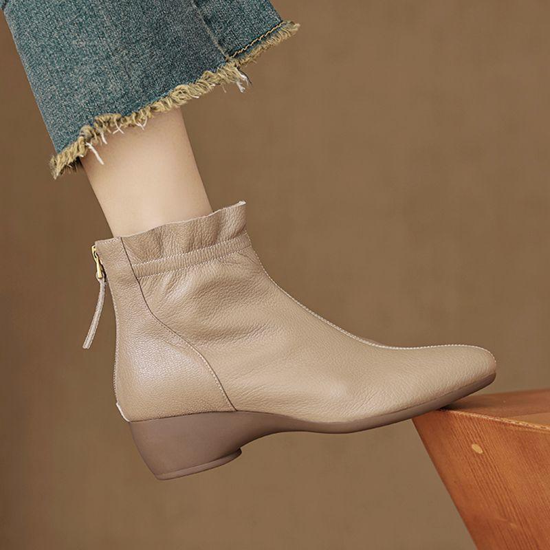 

~ French small ankle boots~ 2024 autumn and winter new product simple wedge heel women s short boots soft leather thick heel and ankle boots single b 35 абрикосовый