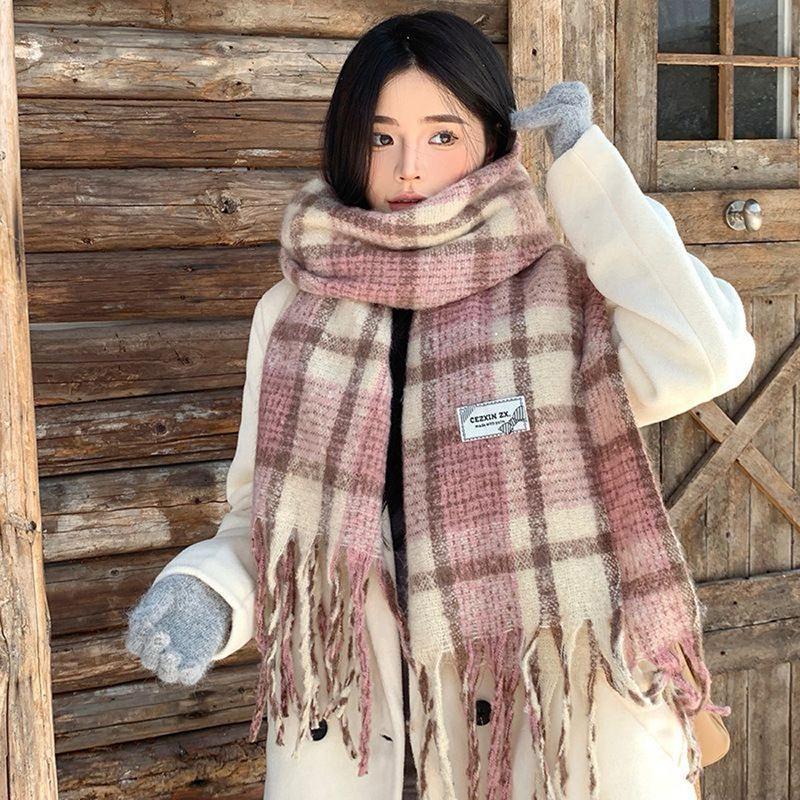 Korean Style Plaid Mohair Scarf - Women's Winter Imitation Cashmere Shawl