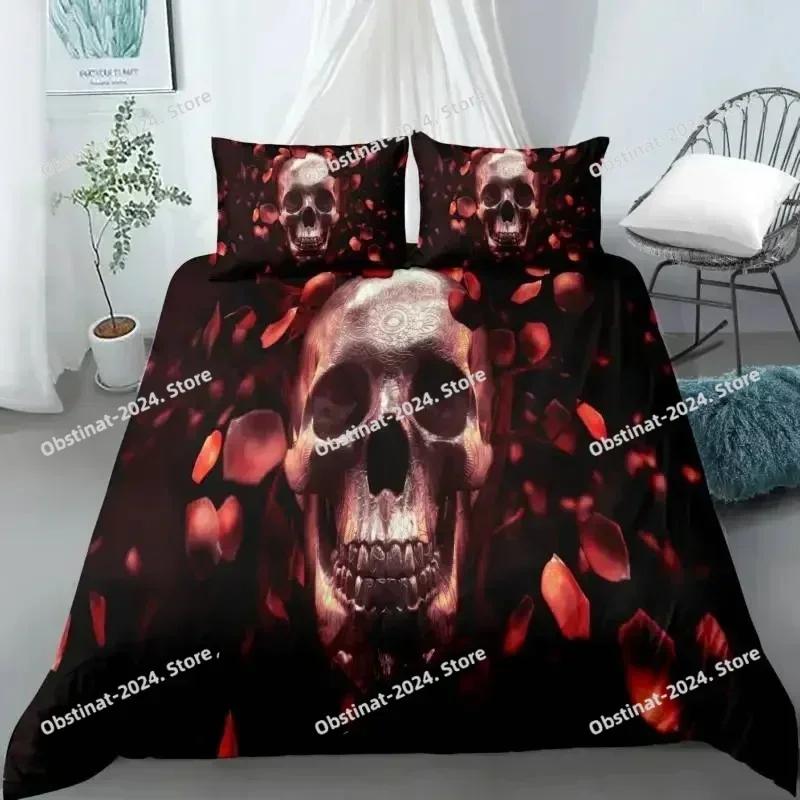New Skull Duvet Cover Set Abstract Texture with Skull and Crossbones Pattern Aged Rusty Grunge Style Polyester Bedding Set