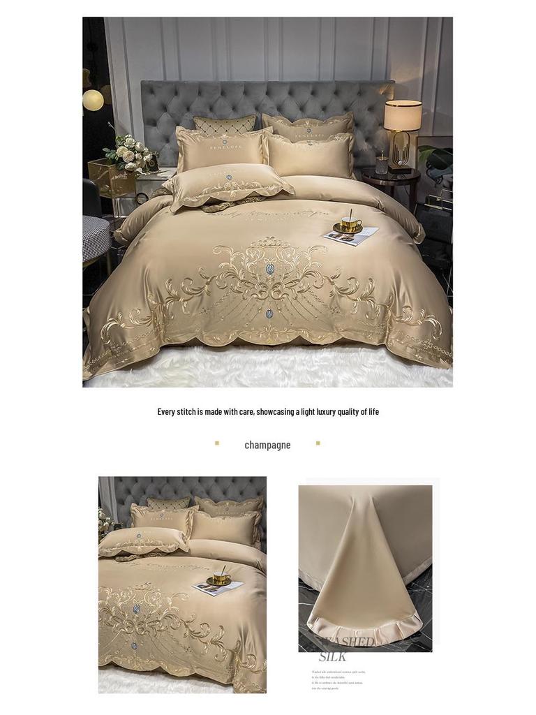 Evropská 4dílná sada prostěradel ze 100% bavlny s povlakem na přikrývku z ledového hedvábí - Luxusní svatební ložní prádlo