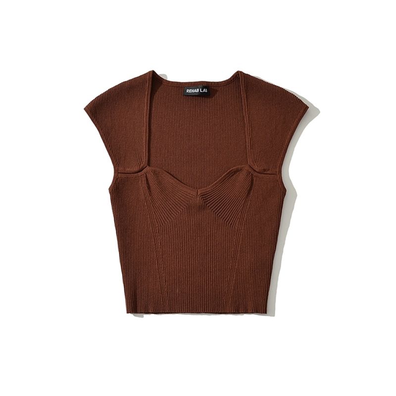 Za2025 Summer New Women clothes Solid Simple Elegant All-Match Heart-Shaped Collar Sleeveless Rib Simple T-shirt Top