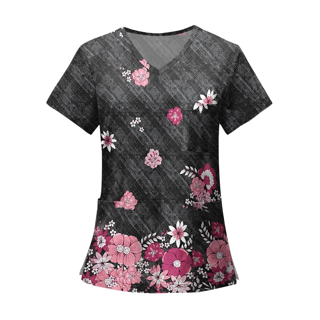 Women's Fashion Printed Short Sleeve V Neck Pattern Tops Pocket Working T-shirts