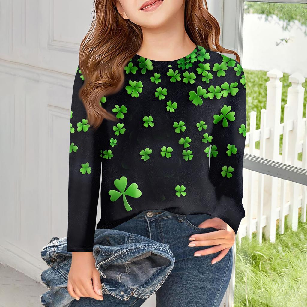 Girls Long Sleeve T Shirts Kids Fall Tops Crewneck Printed Basic Tees Saint Patrick's Day
