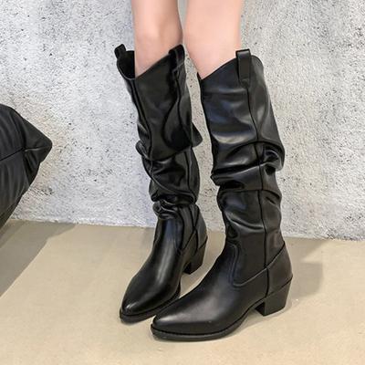 Fashion Designer 2025 New Women High Boots Pleated Fashion Chunky Knee High Motorcycle Boots Winter Sexy Heeled Shoes Woman Botas Mujer