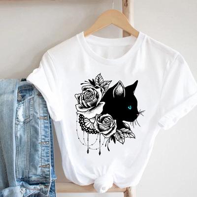 Tee Top Tshirt Cat Flower 90s Animal Fashion Clothes Women Summer Print Lady Female Clothing Short Sleeve T Casual Cartoon Graphic T-shirt