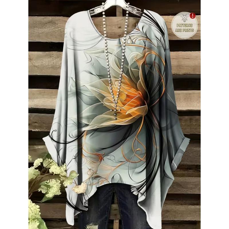 Boho Floralprint Damen T-Shirt Einfaches Vintage Unregelmäßiger Saum Rundhals T-Shirt Modische und Vielseitige Damenbekleidung