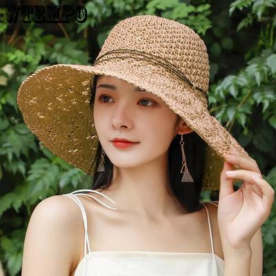 Summer Hollow-out Wide Brim Beach Straw Hats Women's Foldable Solid Color Breathable Casual Bucket Hats