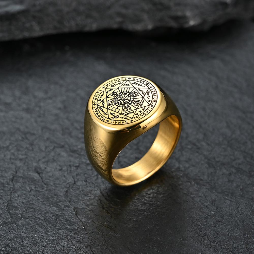 YILUOCD Siegel der Sieben Erzengel Ringe für Männer Der Schlüssel Salomos Ring Kabbala Talisman Amulett Edelstahl Herrenschmuck