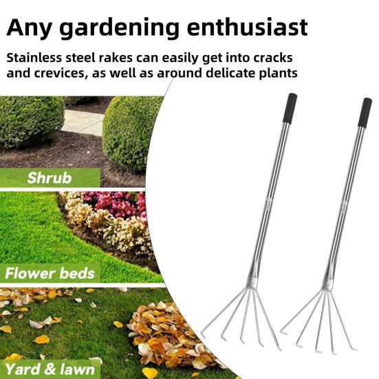 Handheld Weeding Rake Stainless Steel Hand Rake with 5 Teeth Heavy Duty Gardening Rake for Cultivating Loosening Soil Spreading Mulch