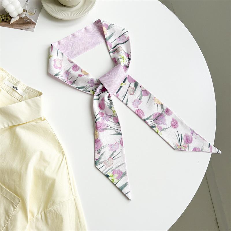 Spring Flower Print Silk Scarf Women's Versatile Long Strip Narrow Silk Scarf Pastoral Art Diagonal Streamer Tied Bag Ribbon