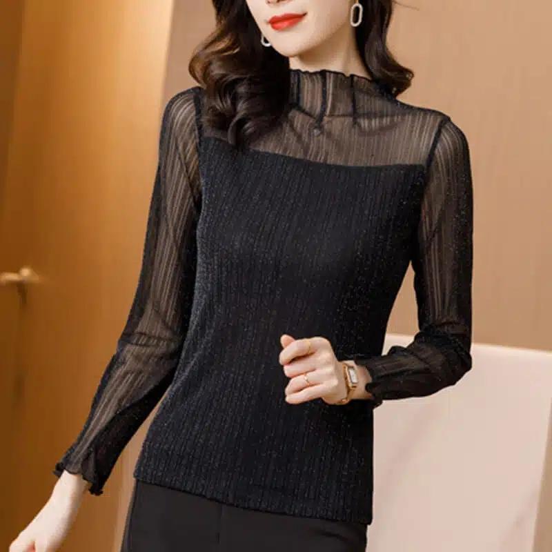Half Turtleneck Bottoming Shirt Women's Long-sleeved Spring Women's Bright Silk Inner Mesh T-shirt Top