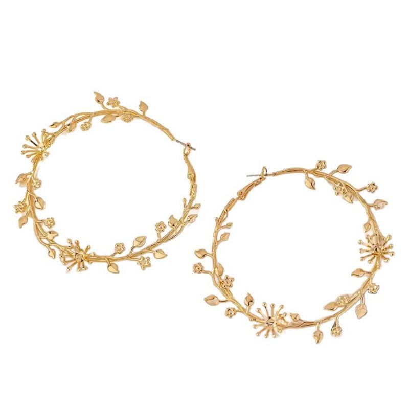 Exaggerated Hoop Earrings For Women Leaf Flower Gold Color Big Circle Earrings Vintage Trend Women'S Jewelry Gift