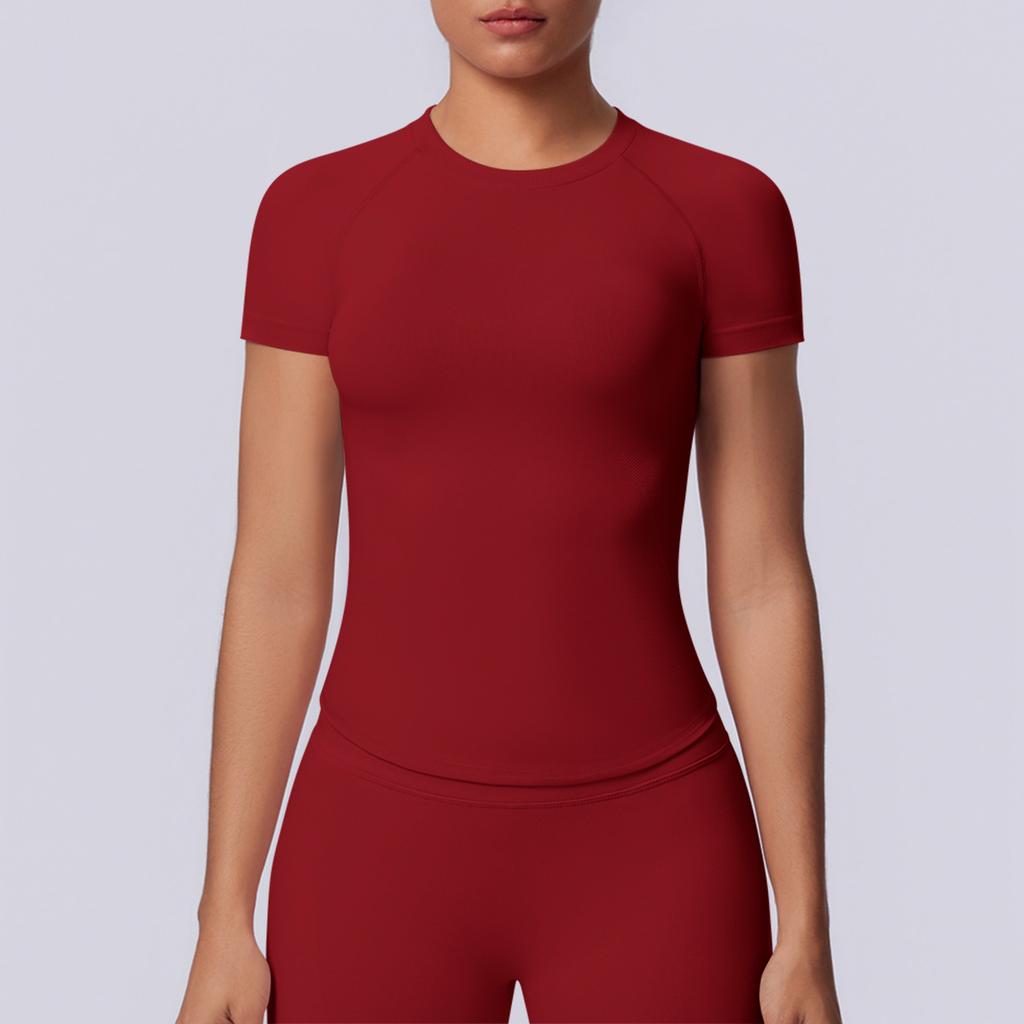 European and American seamless solid color tight high elastic breathable T-shirt sports running fitness yoga clothes top women
