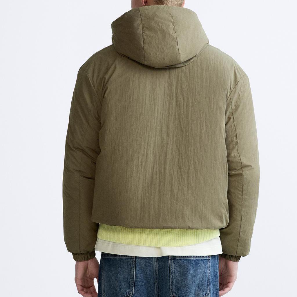 Zara Pánská bavlněná bunda jednobarevná ležérní s kapucí a dlouhým rukávem khaki 6318415-505
