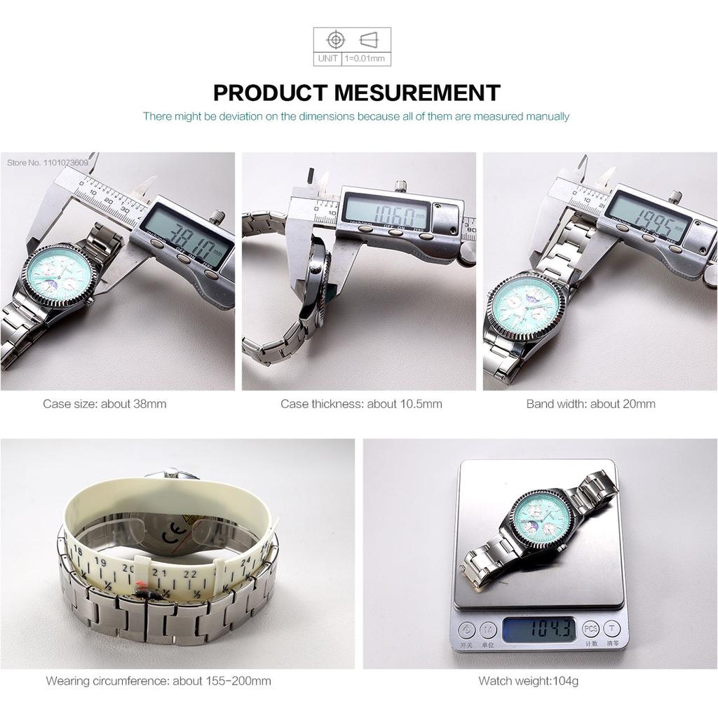 Men's Quartz Watches Stainless Steel Strap Couple Bracelets Wristwatch with Day Date 24-Hour Moon Phase Function Relogio Womens Watch