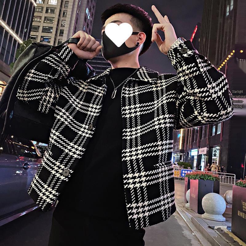 2025 Men's Autumn Plaid Jacket: Black & White Colorblock Outerwear for Young Men