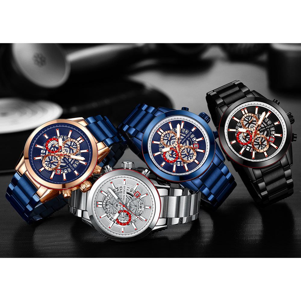 MINI FOCUS Brand Watch Multi-functional Calendar Waterproof Stainless Steel Strap Men Quartz Watches