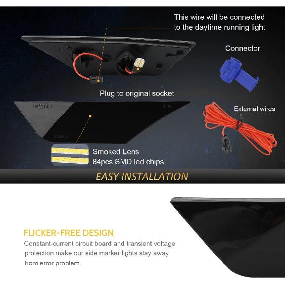 D-Lumina Switchback LED Side Marker Lights for 2016-2021 Honda Civic 10th Gen Civic Coupe Hatchback Sedan Type R Smoked Lens Front Bumper Side