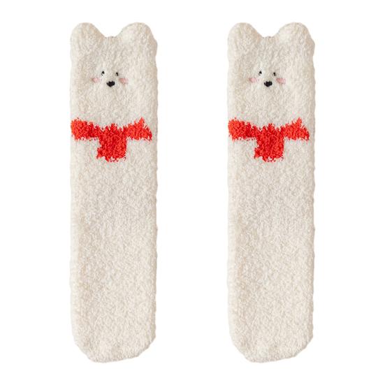 Fluffy Winter Crew Socks Cute Animal Embroidery Warm Socks Thick Fuzzy Plush Bear Cat Thermal Socks for Women Sleep Home Lounging