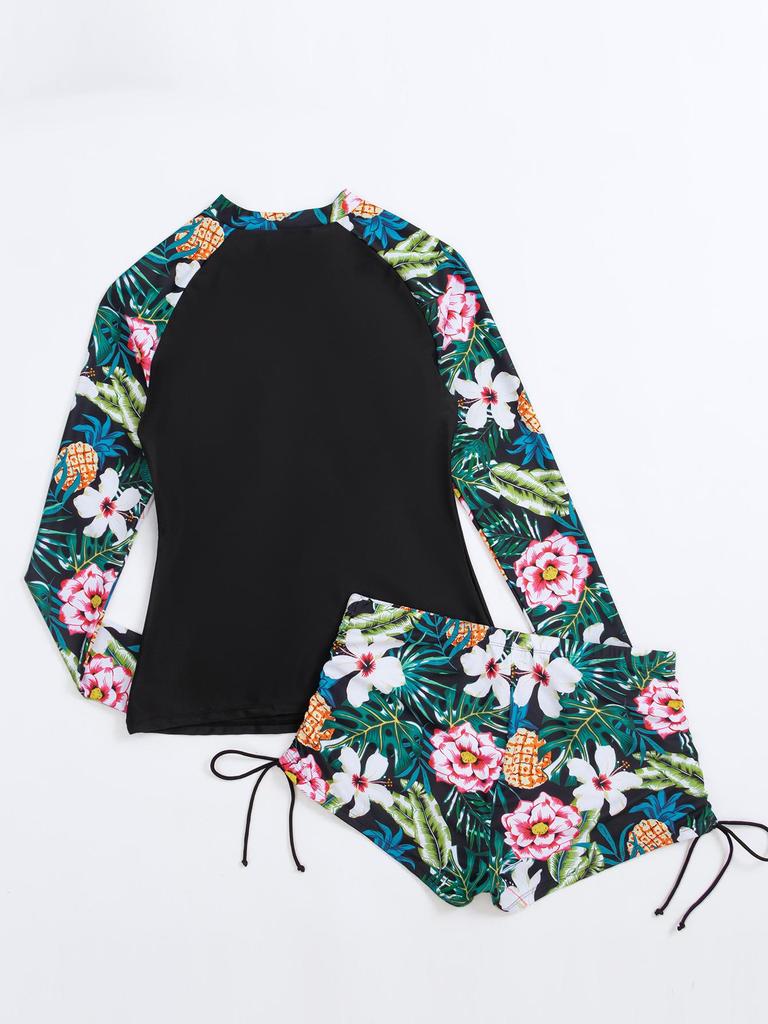 European & American Zippered Two-Piece Long Sleeve Split Swimsuit