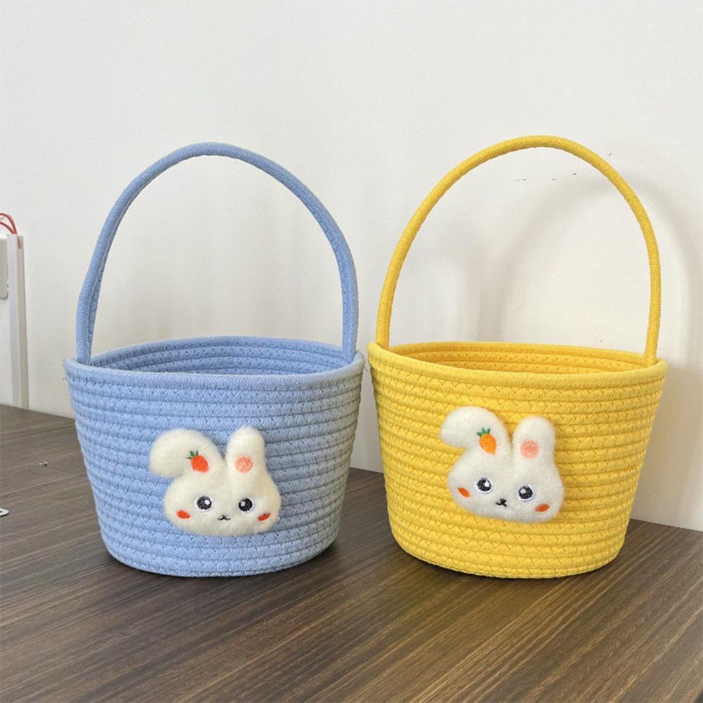 Easter Basket with Handle Bunny Gift Basket Cotton Thread Hand-Woven Basket Easter Gift Storage Basket for Girls Boys
