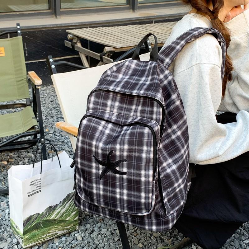 School bag female college student retro versatile black and white plaid backpack college style high school student large capacity backpack tide