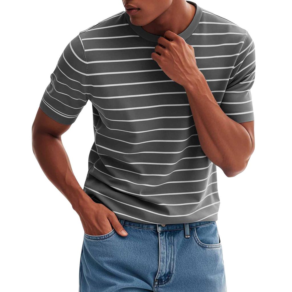 Men's Fashionable Casual Stripe Print Round Neck Short Sleeve T-Shirt Top