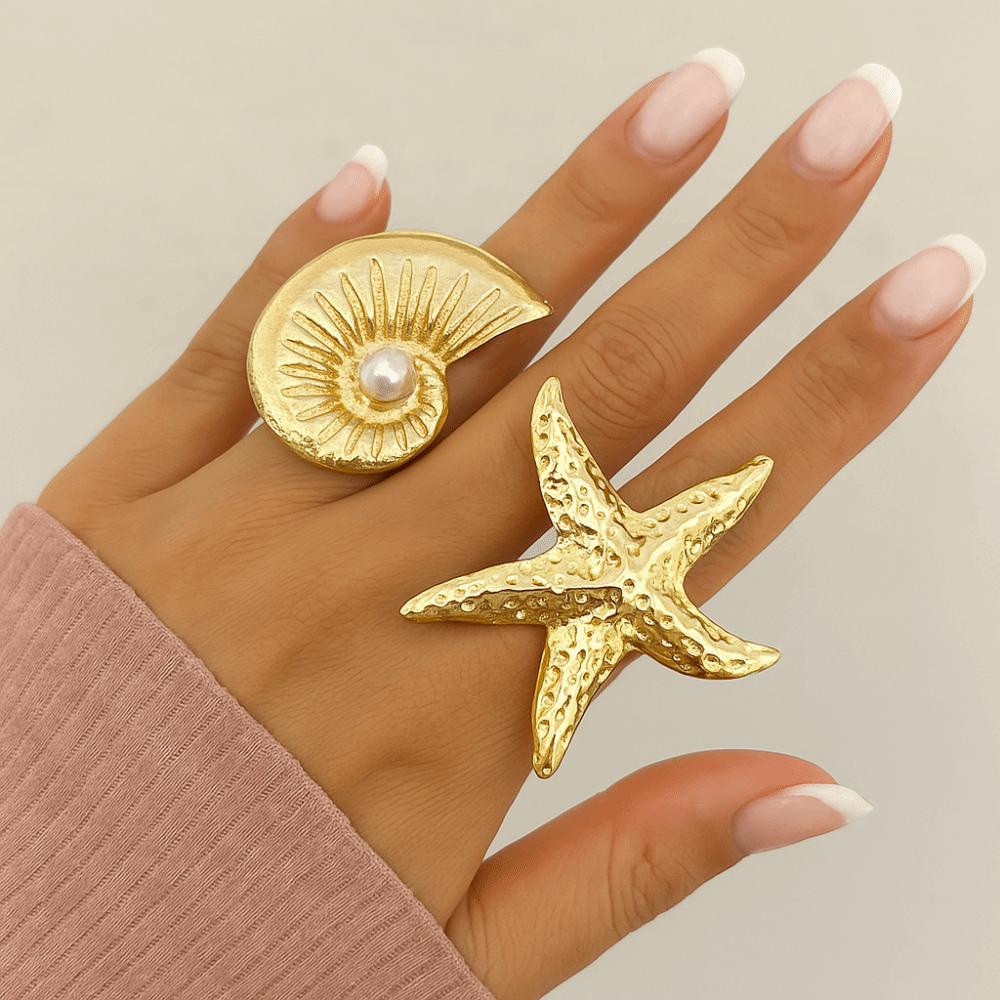 Metal Vintage Conch Rings Irregular Geometric  Rings Creative Pearl Starfish Rings  For Women