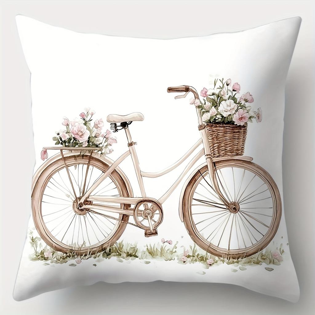 4Pcs Set, Sofa Pillow Case, Flower Bicycle Pillow Case,45X45Cm, Single-Sided Print, Home Decoration, Sofa Waist Pillow Cas