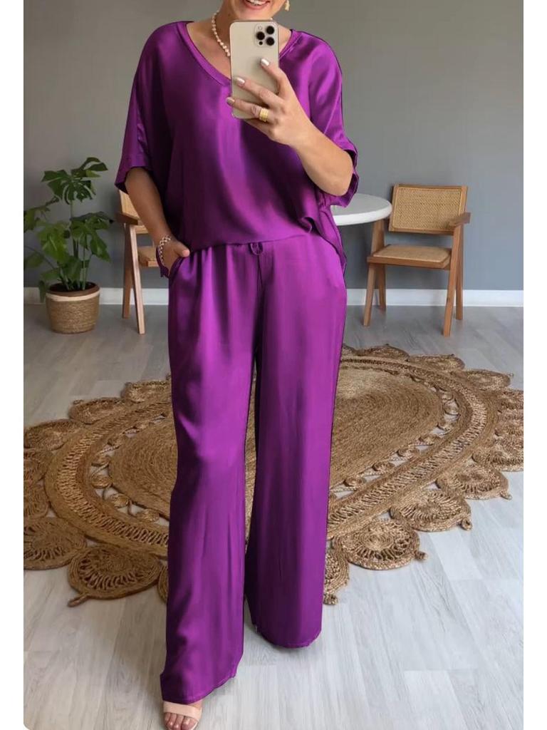 2025 Sommer Seide V-Ausschnitt Lässiges Einfarbiges Set für Damen