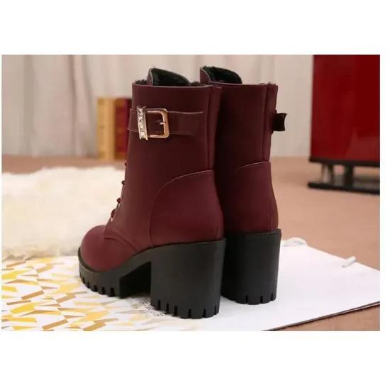 Women Boots Lace Up Flat Biker  Wine Red Boots Shoes Buckle Woman Botas Women Boots