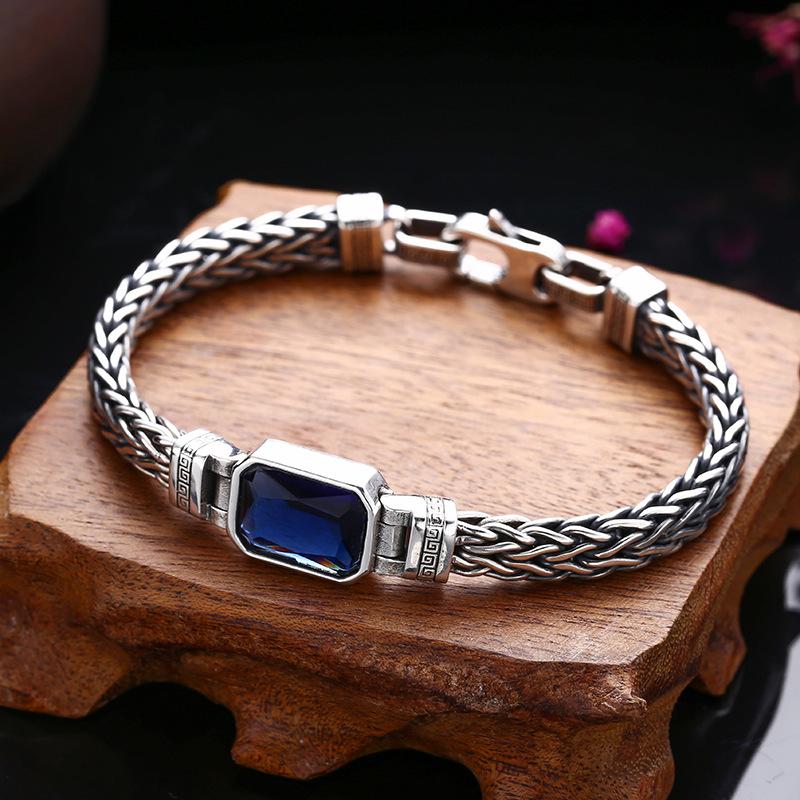 HX Silver Color Handwoven Handmade Bracelet 5MM Men's Blue Zircon Set Trendy Retro Vintage Bracelet Ins Jewelry