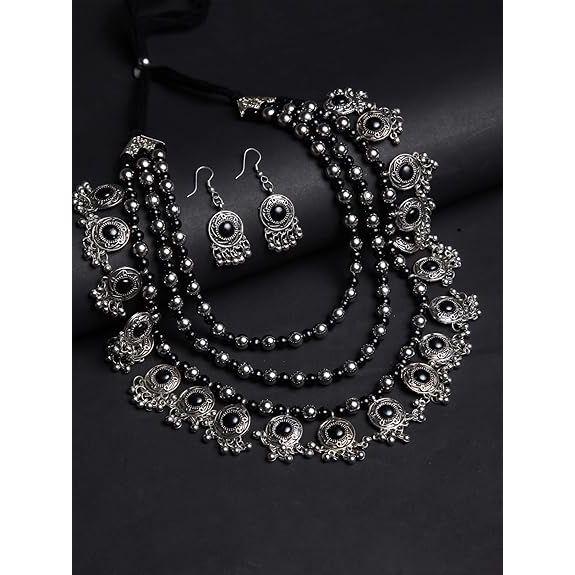 Latest Stylish Fancy Oxidized Traditional Oxidised Necklace Jewellery Set for Women (Black)