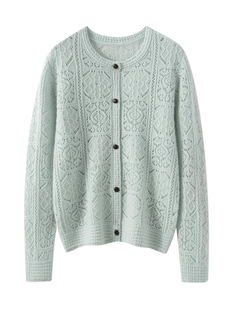 Round Neck Hollow Cashmere Cardigan - 2026 Autumn Women's Elegant Single-Breasted Versatile Warm Outerwear