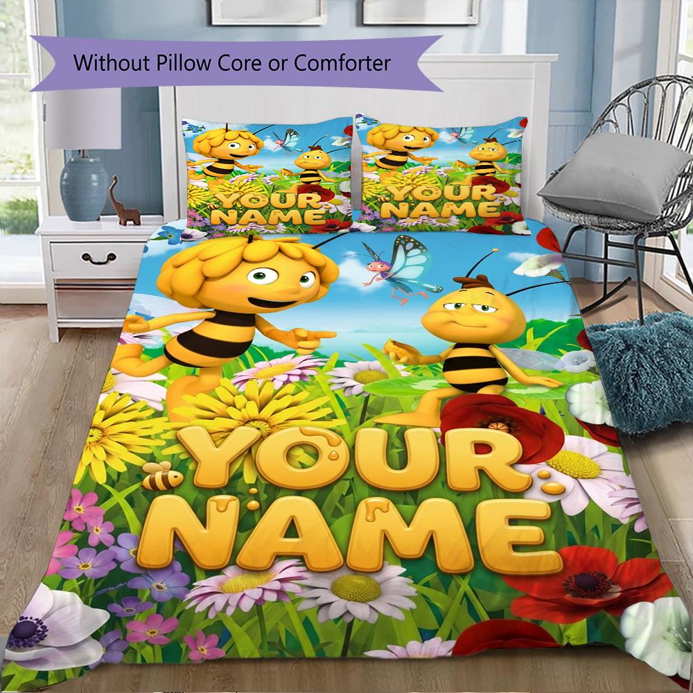 Benutzerdefinierter Name Bienen und Maya Bettwäsche, Steppdecken-Set Bettbezug Kissenbezug Zuhause Geburtstagsgeschenk(1 Bettbezug + 2 Kissenbezüge, ohne Füllung)_xia