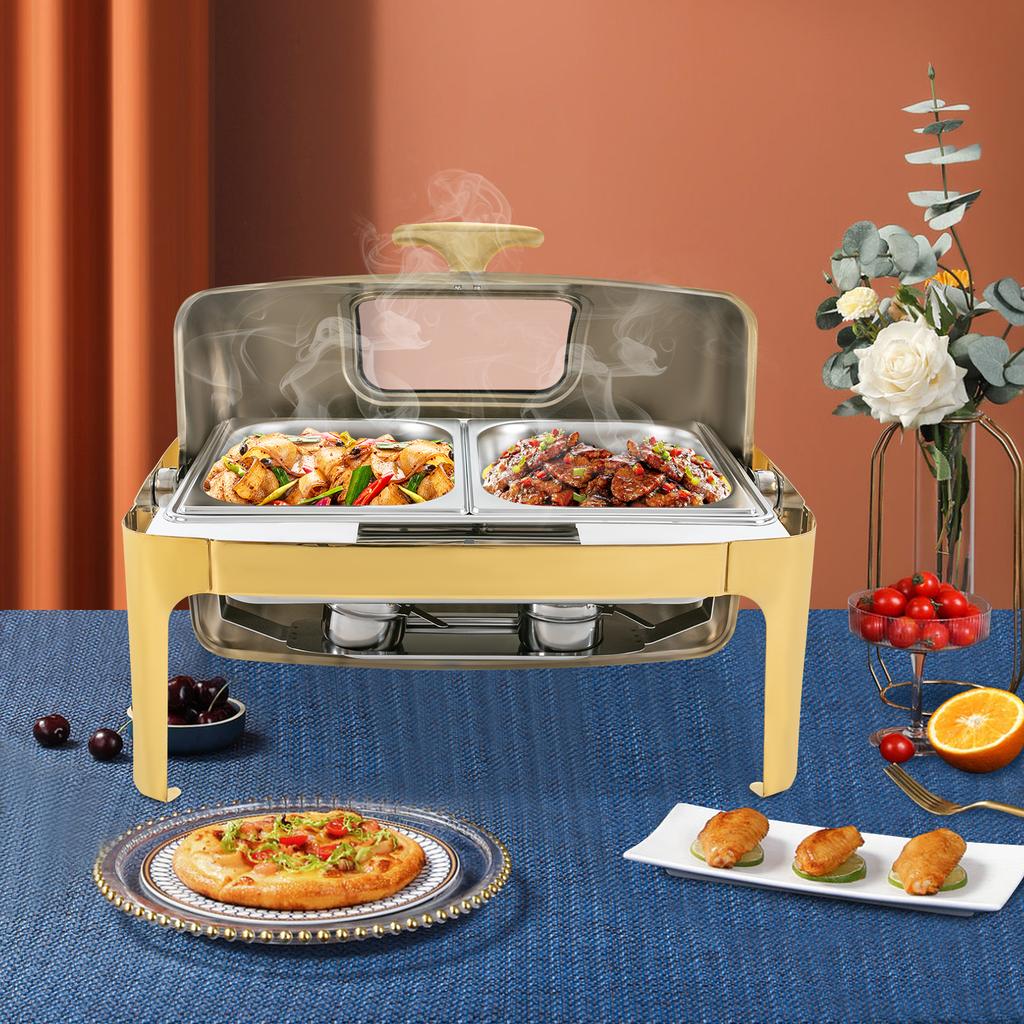 9L Gold Roll Top Chafing Dish W/ Viewing Window, 2x4.5L Stainless Steel Food Pans, Catering Buffet Warmer for Parties, Banquets